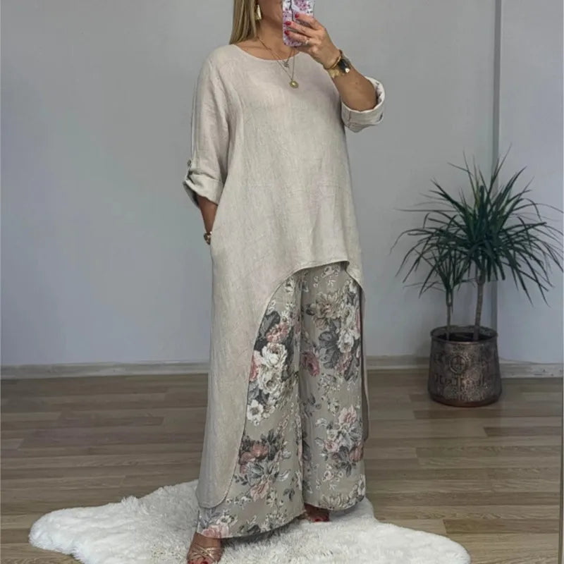 Elyndra™ Long Blouse & Floral Pants Set