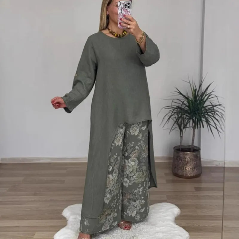 Elyndra™ Long Blouse & Floral Pants Set