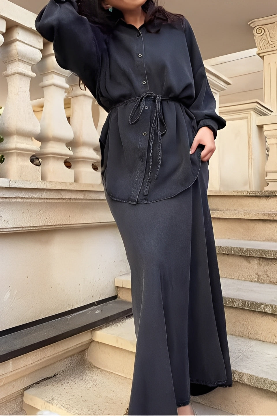 Calviera™ Long-Sleeved Tie-Drawstring Dress